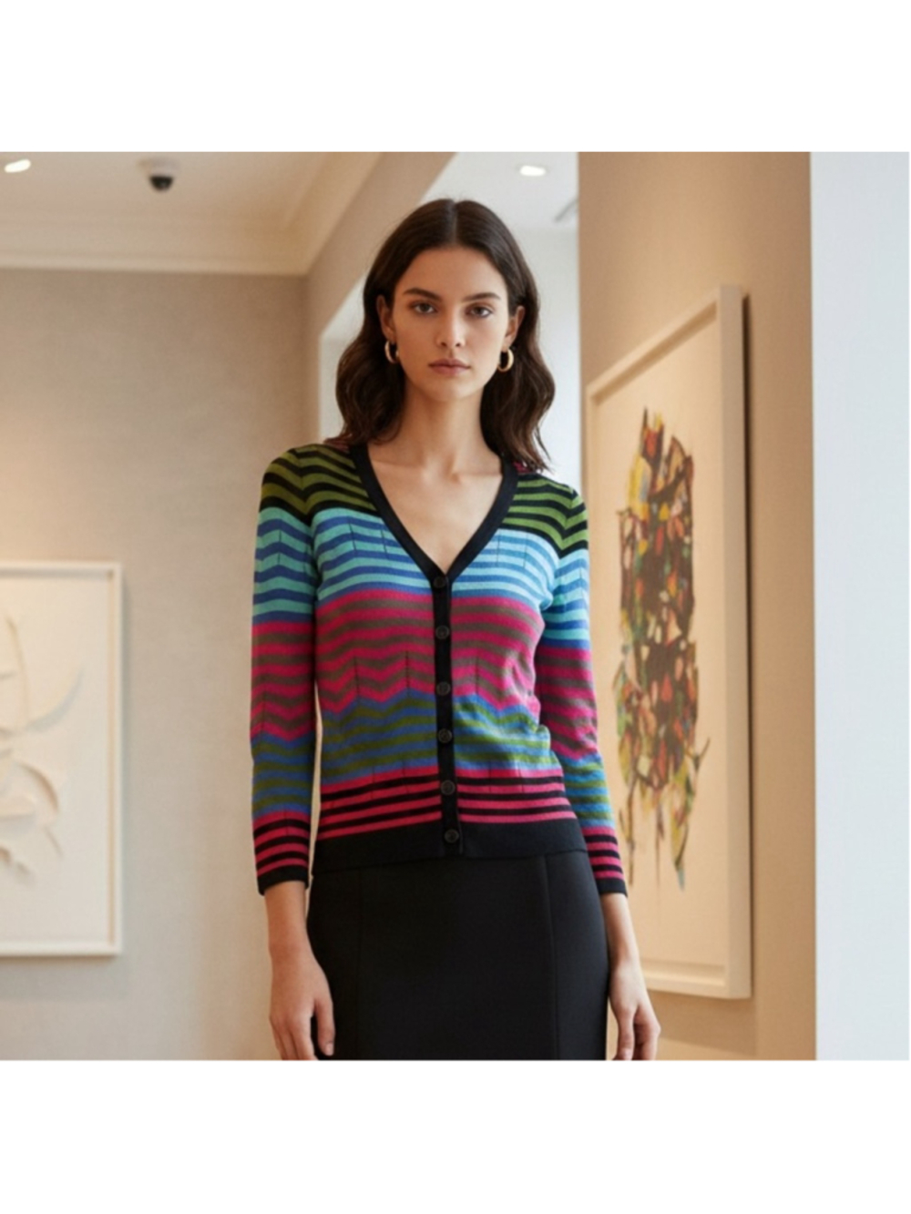 M by Missoni Multicolor Chevron Striped Viscose Cotton Pointelle Cardigan Size 4